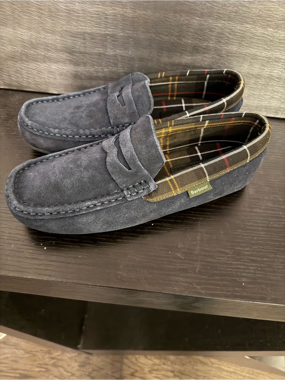 Barbour Navy Suede Penny Loafers with Tartan Lining NWOB